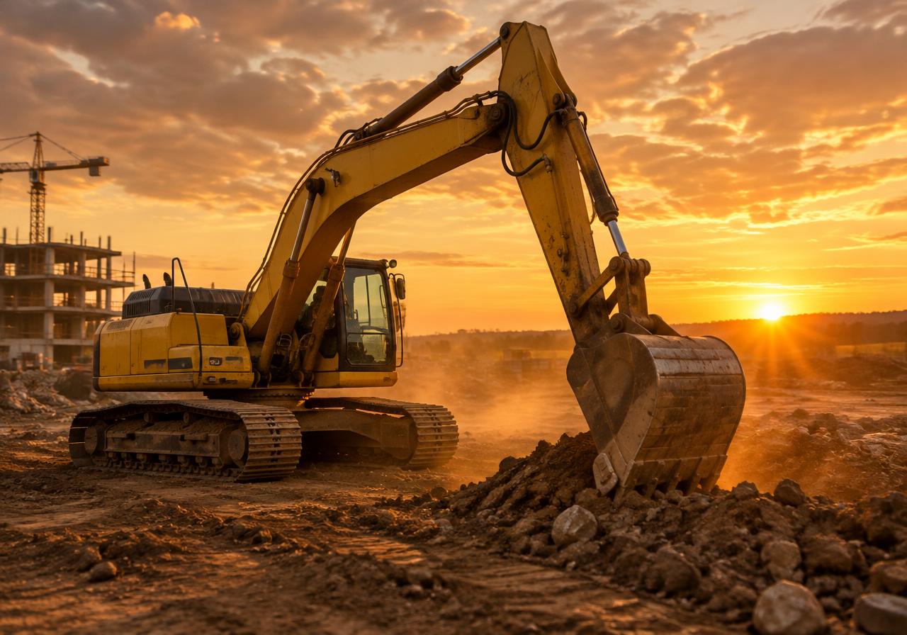 Excavator on a construction site at sunset
